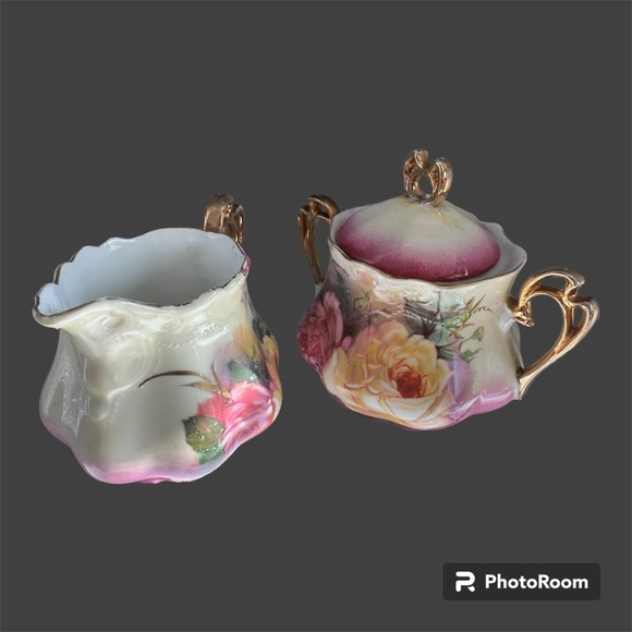 German Handpainted Antique Sugar/Creamer  Floral Numbered 420 Double Handles - Picture 5 of 5